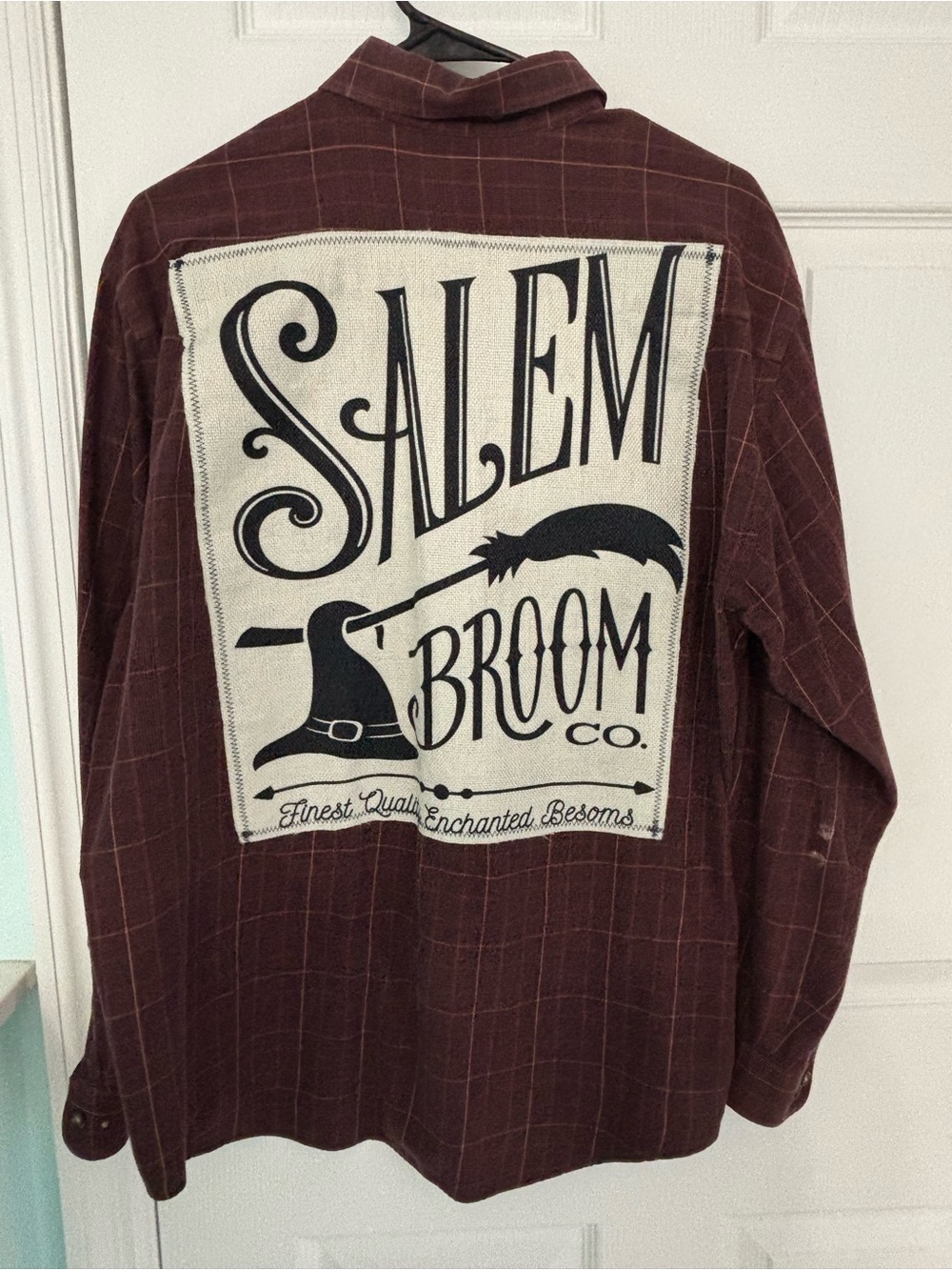 Arrow Men's Maroon Plaid Button-Down Shirt with Salem Broom Back Patch